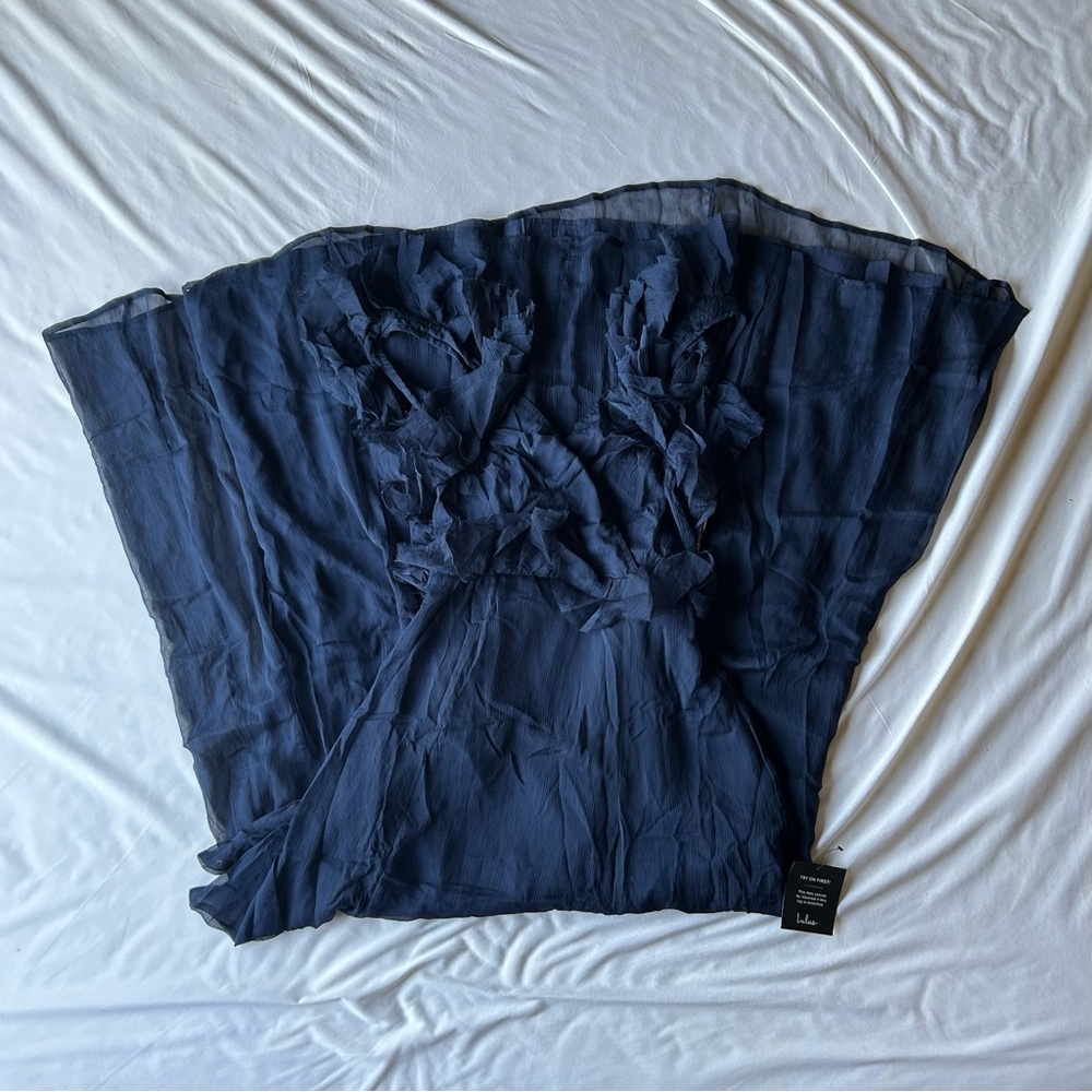 NWT Lulus Navy blue Ruffle Chiffon Dress - Picture 6 of 8